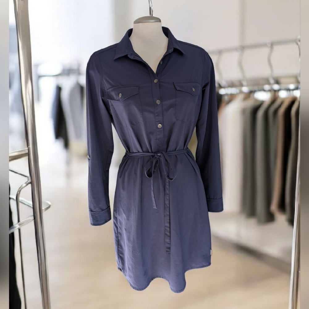 Eddie Bauer Departure Dress Medium Petite Blue Travel Dress Tie Waist